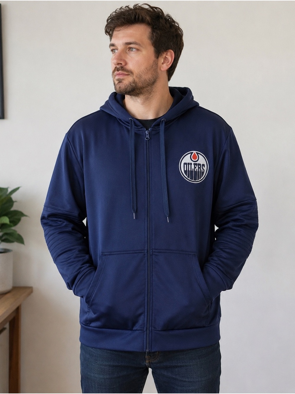 NHL Edmonton Oilers Navy Blue Full Zip Hoodie Jacket